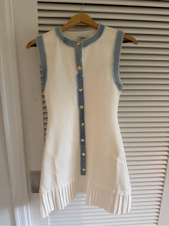 Sandro Dresses & Skirts - Sandro White Top with Light Blue Frayed Trim and Gold Buttons